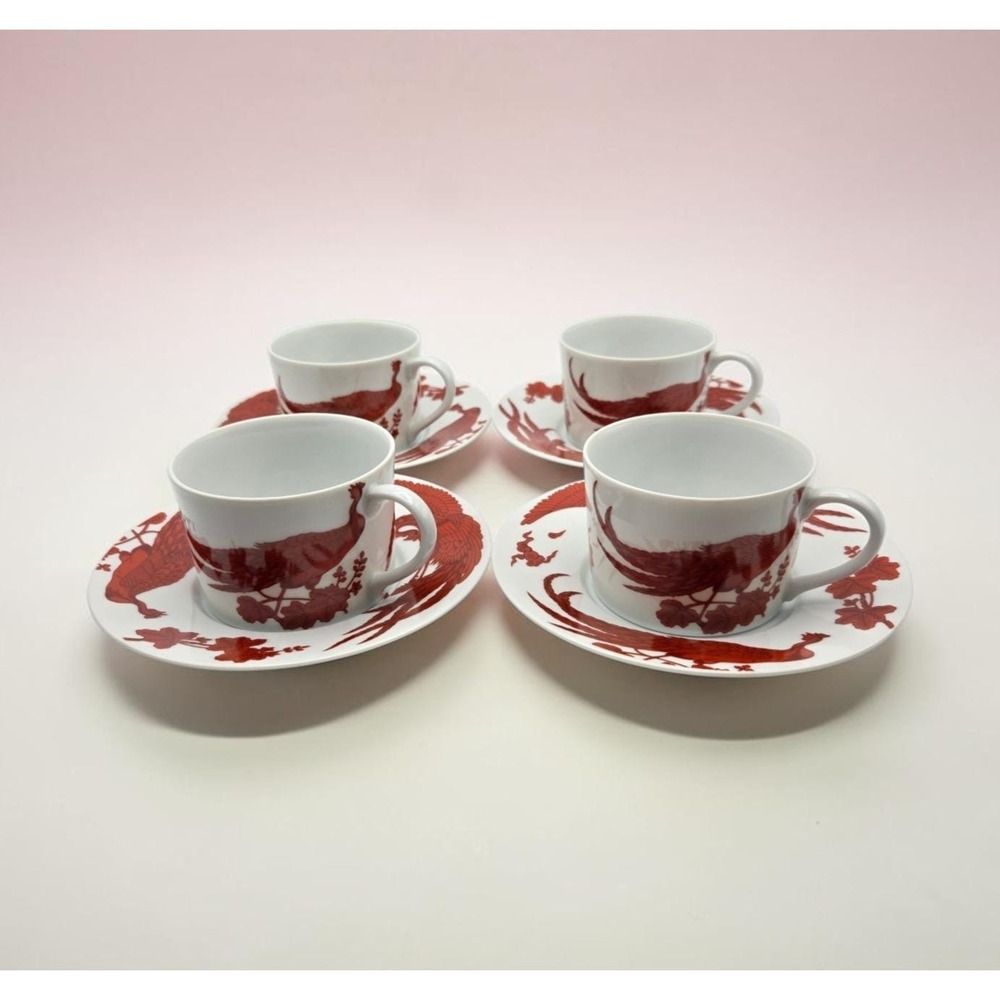 Set Of 4 Neiman Marcus Porcelain Red Peking Peacock Teacup & Saucers Chinoiserie